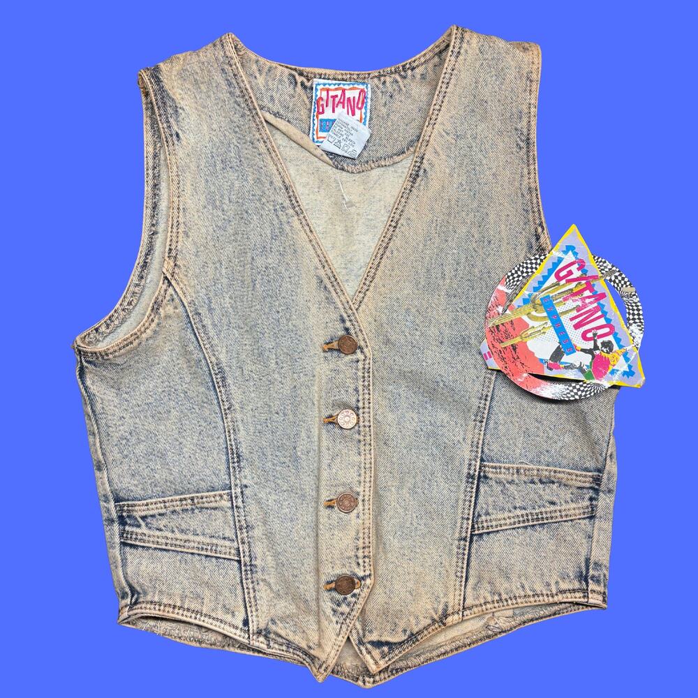 Vintage 80s Gitano Denim Vest Womens Medium Blue Acid-Wash Button Front Western
